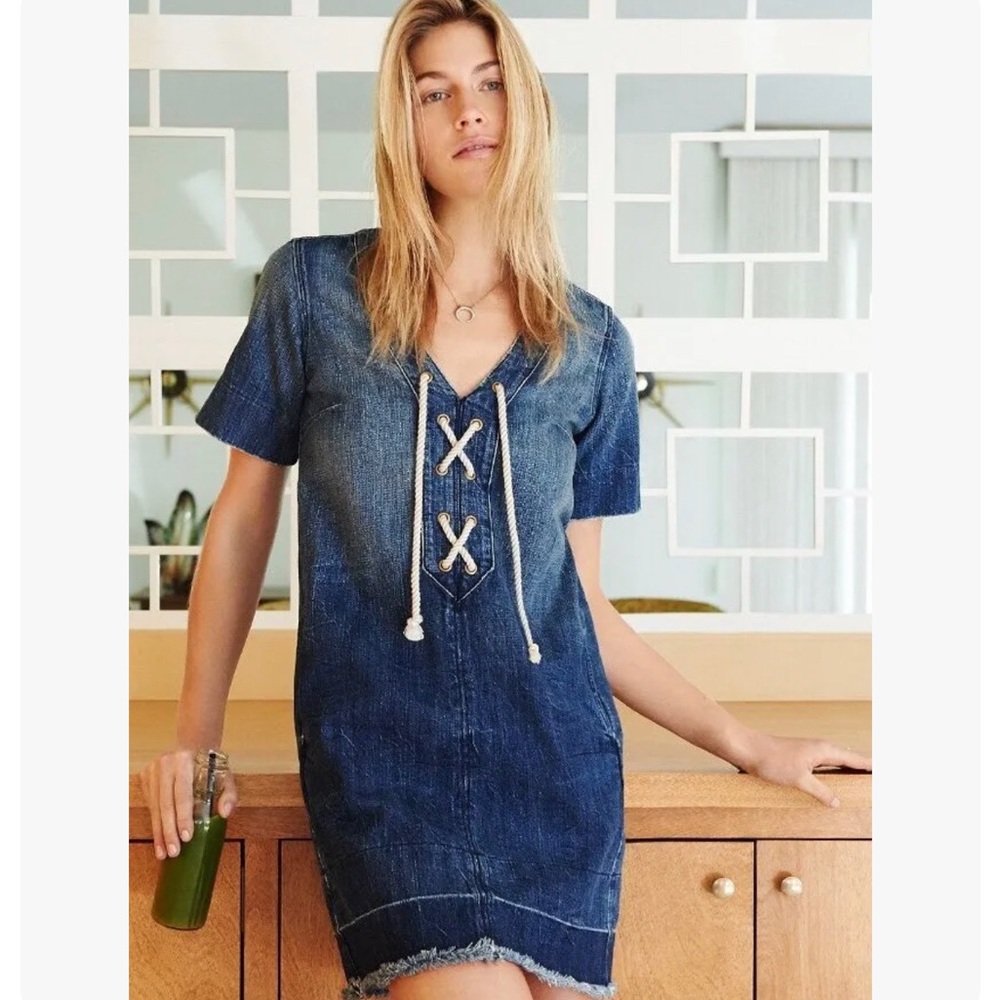 Current/Elliott Laced Up Denim Civilian Dress Sz 3 US Sz 10 V-Neck Short Sleeve